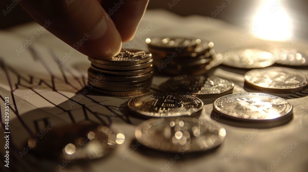 A hand carefully stacks coins on a surface, with other coins scattered around A hand carefully stacks coins on a surface, with other coins scattered around