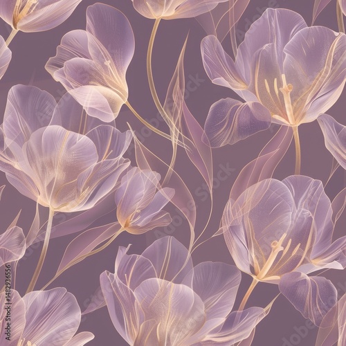 Elegant translucent flowers with delicate lines and soft purple hues create a sophisticated, artistic floral pattern.