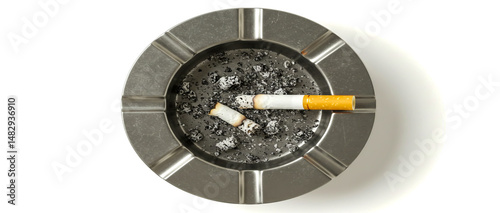 A close up overhead view of a metal ashtray containing cigarettes and cigarette ashes