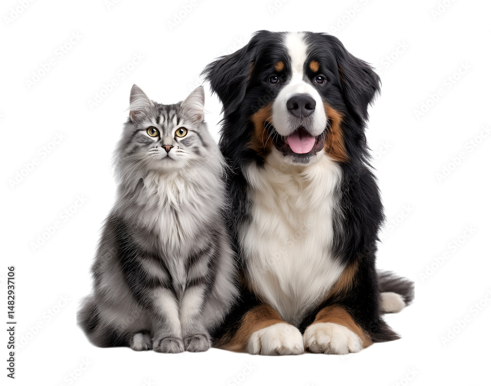 Obraz premium A Norwegian Forest cat and a Bernese Mountain Dog sitting side by side, isolated on a transparent background