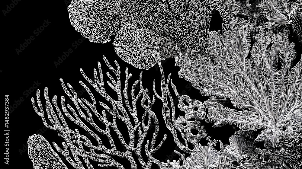 A drawing of a coral reef with a variety of plants and animals