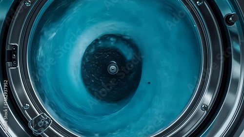 Close-up of washing machine drum with swirling blue water and clothes spinning, showcasing laundry cleaning process in a modern appliance