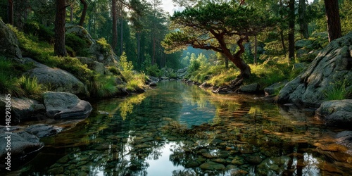 Serene forest river surrounded by vibrant greenery and rocky outcrops during early morning hours
