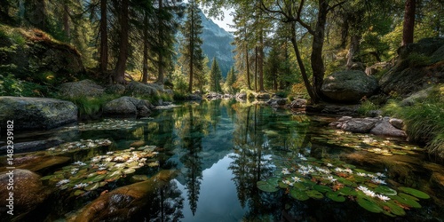 Serene forest lake reflecting tall trees and mountains during a bright sunny day in a tranquil natural setting