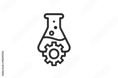 Science experiment with a laboratory flask and gear symbolizing innovation and discovery in a research setting
