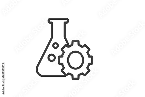 Chemistry lab equipment includes a flask and a gear symbolizing scientific innovation and research activity