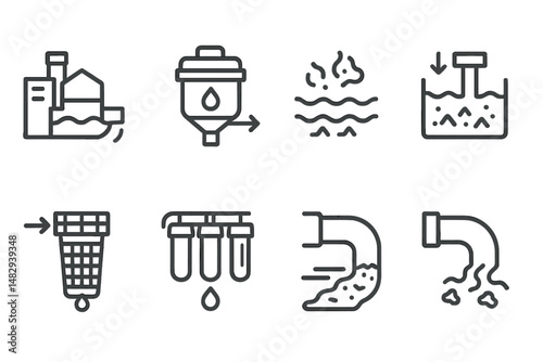Symbols of water treatment process showing filtration, sedimentation, and quality testing methods