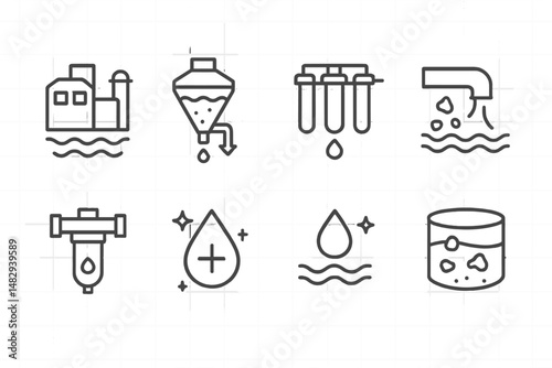 Water treatment icons depicting various processes and equipment in industrial settings