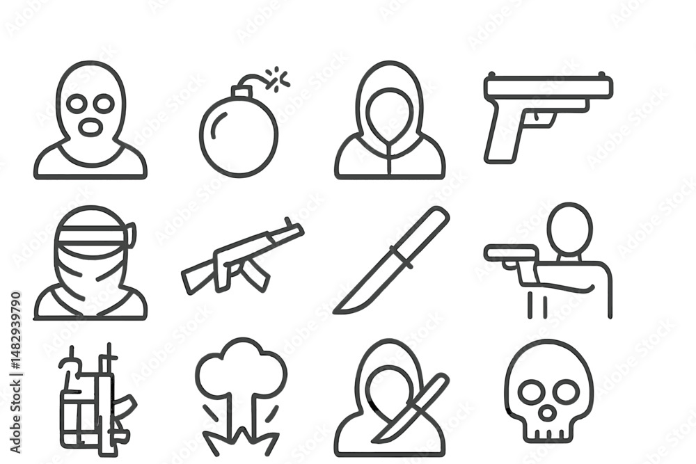Fototapeta premium Vector icons representing various elements related to crime, violence, and security threats in a minimalist design