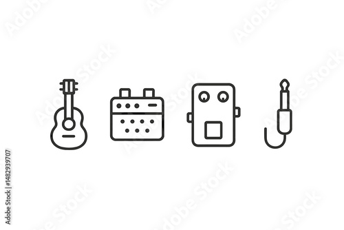 Instruments and equipment for a music studio session featuring a guitar, pedals, and connectors