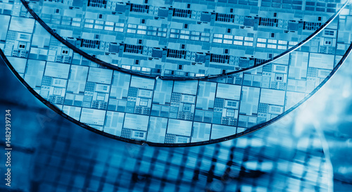 Silicon Wafers with microchips used in electronics for the fabrication of integrated circuits