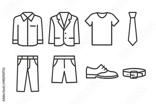 Variety of clothing items including shirts, suits, ties, shorts, and accessories laid out on a plain background