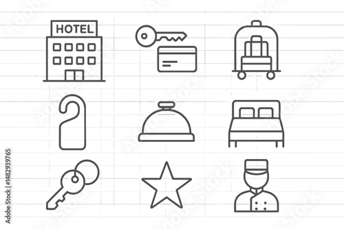Icons representing hotel services, amenities, and customer experience in hospitality industry