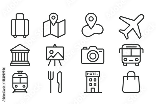 Collection of travel icons representing various transportation and lodging options for tourists