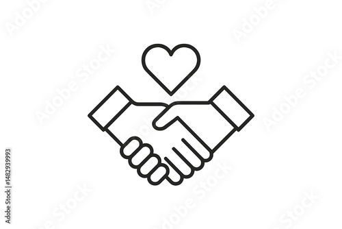Hands shake to symbolize agreement and partnership with a heart above representing love and connection