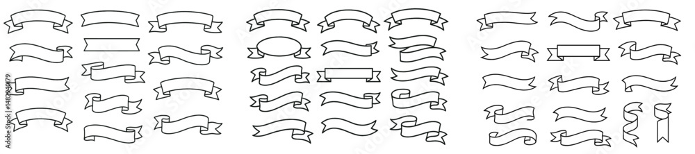 Variety of decorative banners and ribbons in different shapes arranged neatly on a white background