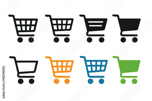 Variety of shopping cart icons in different colors and designs displayed on a plain background for digital use