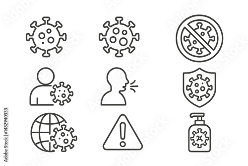 Health awareness symbols illustrating COVID-19 precautions and preventive measures in a minimalist style