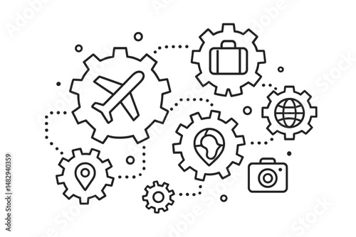 Travel planning elements illustrated with gears, showcasing journey themes and logistics in a creative design