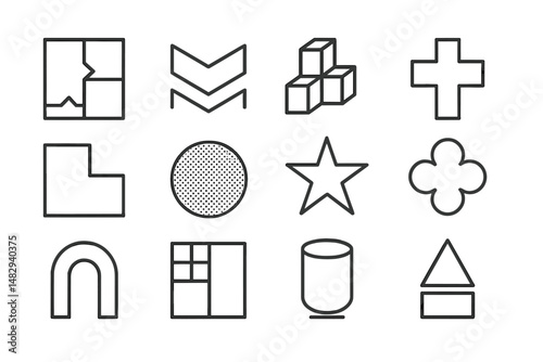 Simple geometric shapes arranged in a grid showcasing various designs and patterns for educational purposes