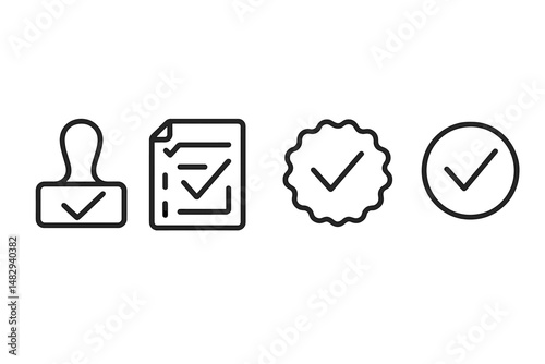 Various checkmark symbols and icons representing approval, confirmation, and completion in a minimalist design