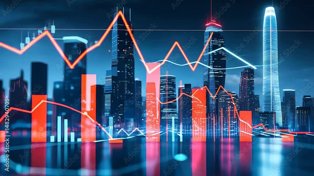 City skyline at night with glowing financial charts, red and blue stock market graphs over skyscrapers, reflecting on water in a futuristic urban scene