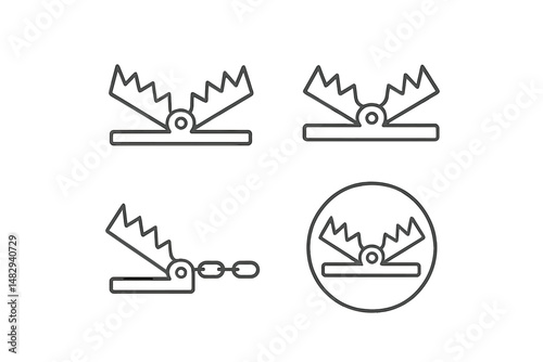 Different views of a traditional animal trap with spring mechanism captured in a minimalistic design style