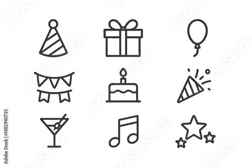 Celebration icons representing various festive activities, including decorations, gifts, and treats for a joyful event