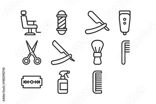 Barbering tools and equipment are displayed in a minimalist style showcasing essential items for hairstyling