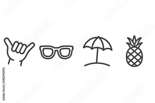 Summer beach vibes with hand gesture, sunglasses, umbrella, and pineapple icons in sunny ambiance