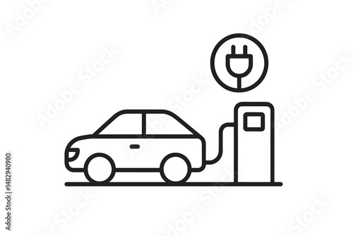 Electric car charging at a charging station with a plug symbol indicating electric vehicle readiness