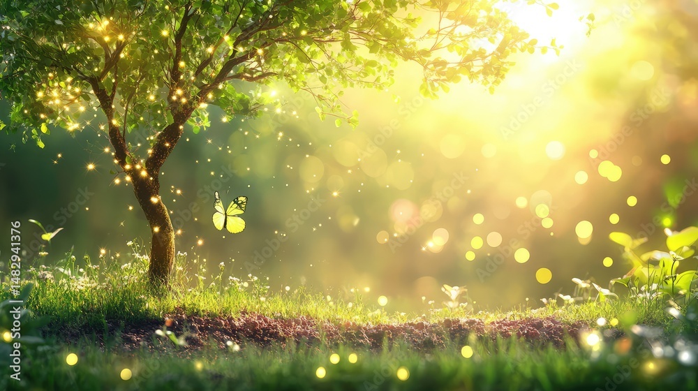 Obraz premium Delicate tree sprouting from the earth, rich green tones with blurred light spots, beautiful empty space for text