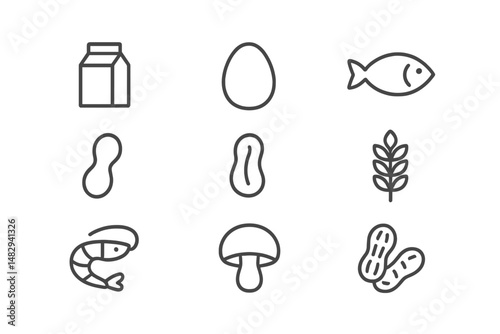 Various food items displayed including milk, egg, fish, peanuts, shrimp, mushrooms, and grains