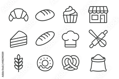Baking tools and treats displayed in a minimalist style highlighting various pastries and bread