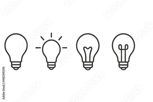 Illustration showing different stages of a light bulb from off to broken in a minimalist design