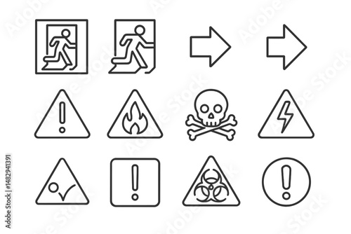 Safety symbols and hazard signs illustrated in various formats for emergency and warning guidance