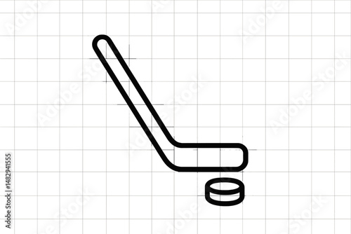Hockey stick and puck illustration on grid background showcasing sport equipment concept