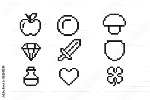 Pixel art icons of various items including fruit, weapons, and symbols on a lined background