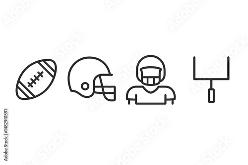 Illustration of football equipment including a ball, helmet, player, and goalpost in a minimalistic design