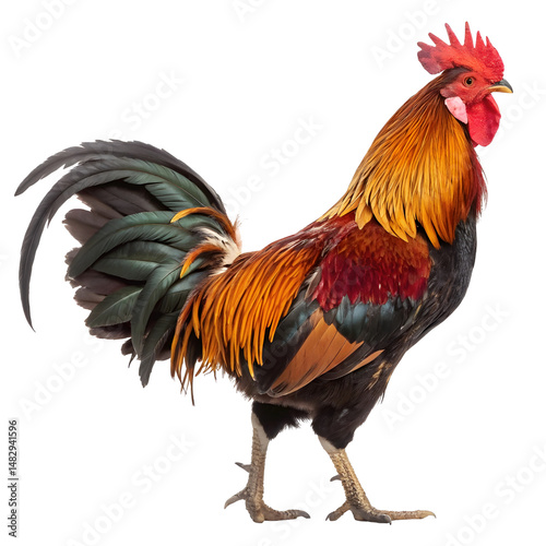 Rooster standing proud with vibrant feathers, isolated white