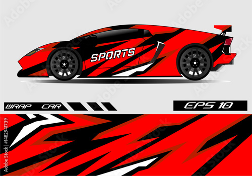 Red sports car with dynamic wrap design on display