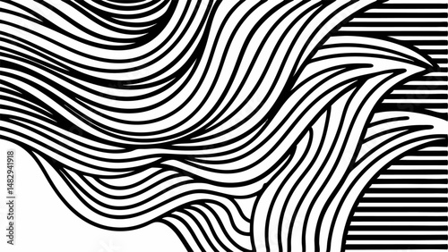 Monochrome Tropics, Abstract Hairline Patterns in Black on White Canvas