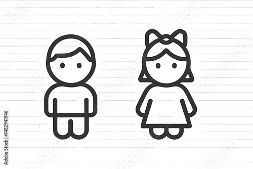 Two simple cartoon figures of a boy and a girl standing side by side on a lined background representing children