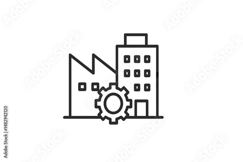 Industrial landscape featuring a factory and office building with a gear symbol representing manufacturing