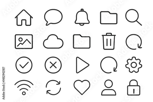Various outline icons representing common digital tool functionalities and interfaces for user experience, including home, search, and settings
