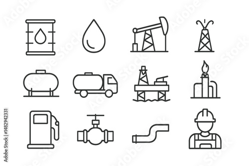 Collection of oil industry symbols featuring barrels, pumps, and workers in a simple line art style