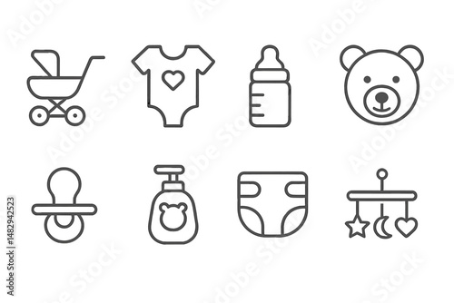 Baby care essentials illustrated with line art designs featuring stroller, clothing, and toys for new parents
