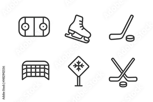 Various hockey-related icons depicting ice rink, skates, sticks, and goals in a minimalist design