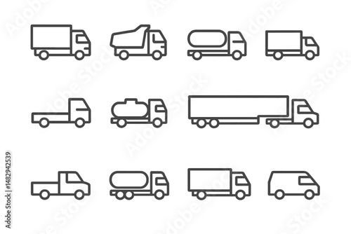 Various vehicle types including delivery trucks, garbage trucks, and cargo trucks for transportation and logistics purposes