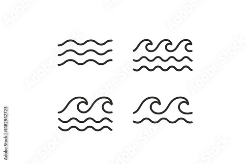 Various styles of wave illustrations evoking ocean energy and fluid motion in a minimalist design format